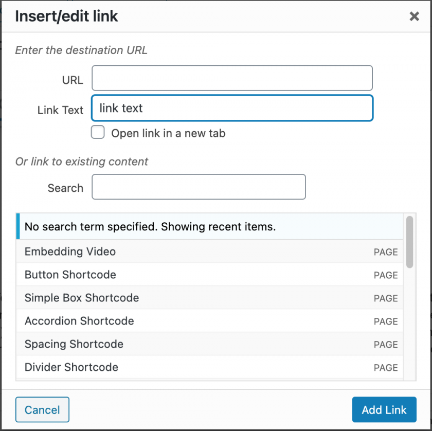 figure 2 - University of Maine System Content Management Insert/Add Link options. See above for description.
