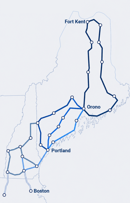 Maine Research and Education fiber network map, Fort Kent to Boston, hubs in Orono and Portland.