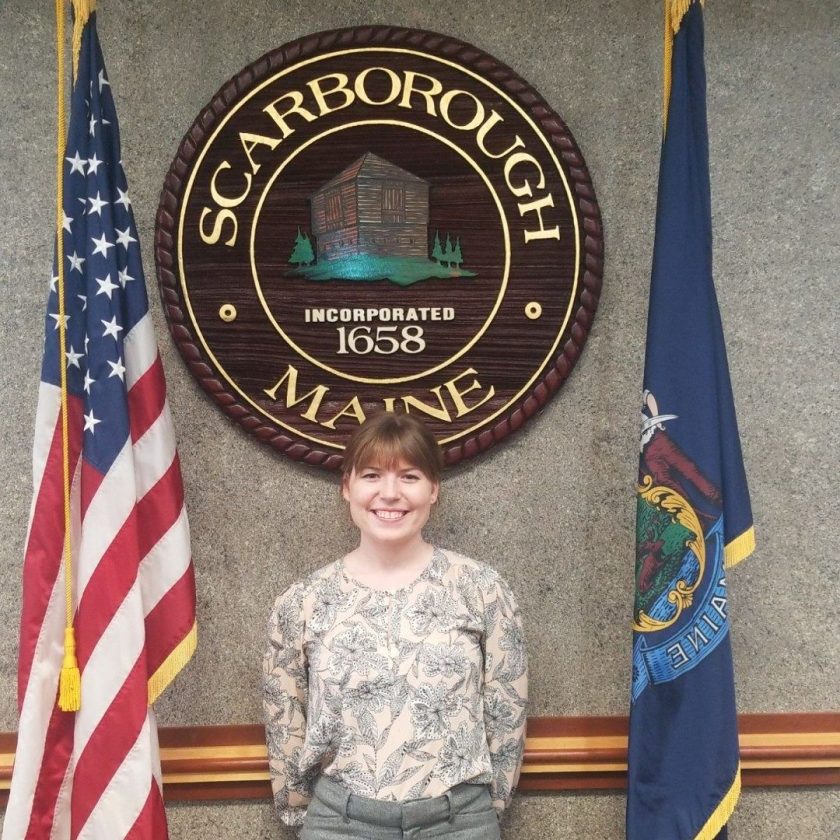 Katelyn Seavey at Town of Scarborough in front of seal