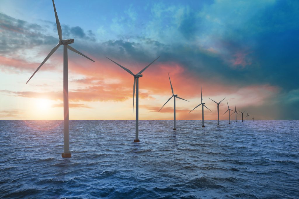 Floating wind turbines installed in sea, an alternative energy source.