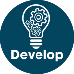 Drawing of a lightbulb with three gears inside above the text "Develop"