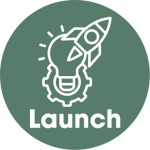 drawing of a rocket launching from a lightbulb above the text "Launch"