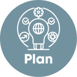 Image of a lightbulb emitting five smaller decorative graphic elements, above the text "Plan"