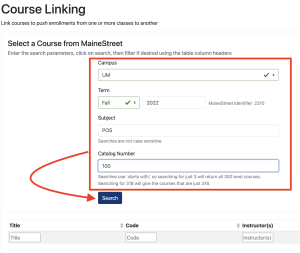 A screenshot illustrating that a user shoudl enter search parameters in the form fields, then hit the search button.