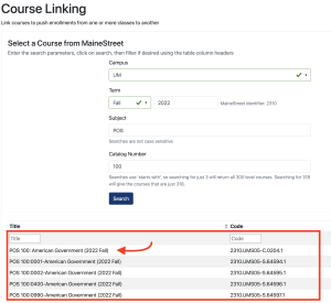 A screenshot depicting that the user should scroll to the bottom of teh page, then pick the title of the course they wish to link.