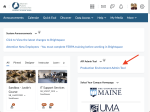 Screen shot for Step Three, illustrating that a user shoudl click the link on teh right side called "Production Environment Admin Tool"