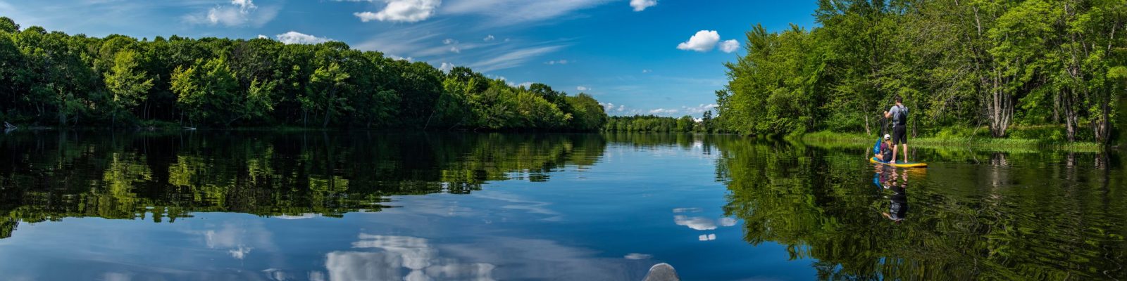071019_AK_Panorama10-1-scaled Students travel on kayaks along a waterway hemmed by forest.