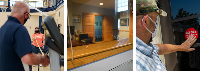 A row of three images. The first image are two people using a tape measure. The second is a plexiglass barrier. The third is a sticker on a door that says Exit only.