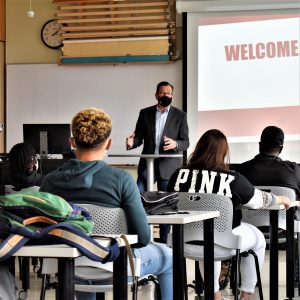 Chancellor Malloy takes questions as a guest lecturer at UMFK