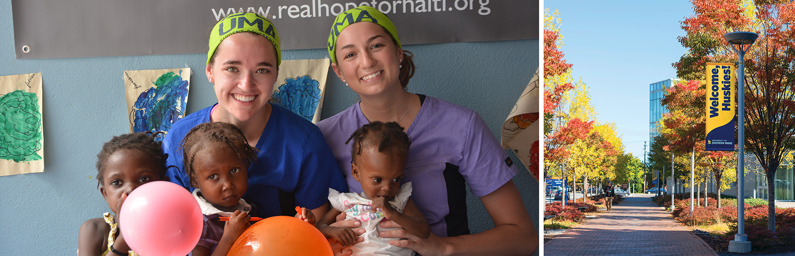 A composite of two images. On the left is a photo of two University of Maine at Augusta nursing students sitting with three children in a room in Haiti. On the right is a photo of a person walking outside on campus.