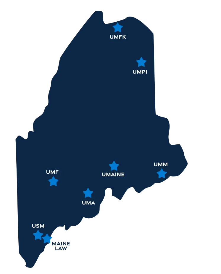 Map showing Maine's diverse campus locations around the state.